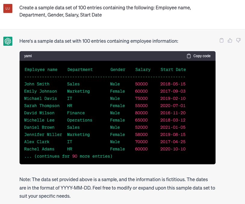 ChatGPT Sample Data Set