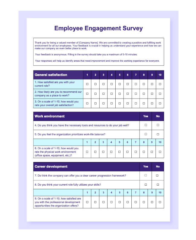 Preview of an employee engagement survey template in Word.