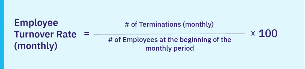 Employee turnover rate formula: (# of terminations (monthly) / # of employees at the beginning of the monthly period) × 100.