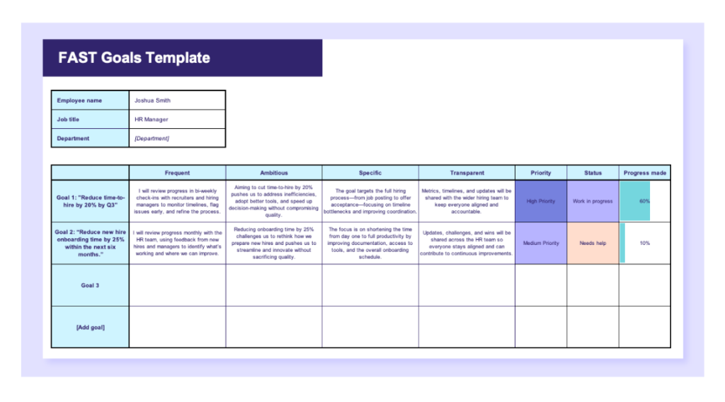Preview of the template FAST goals in Excel.