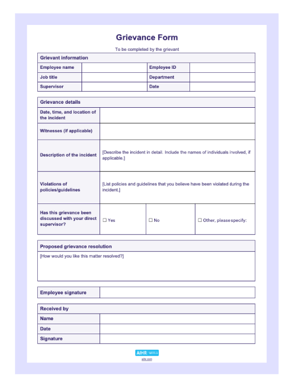 A preview of a grievance form.