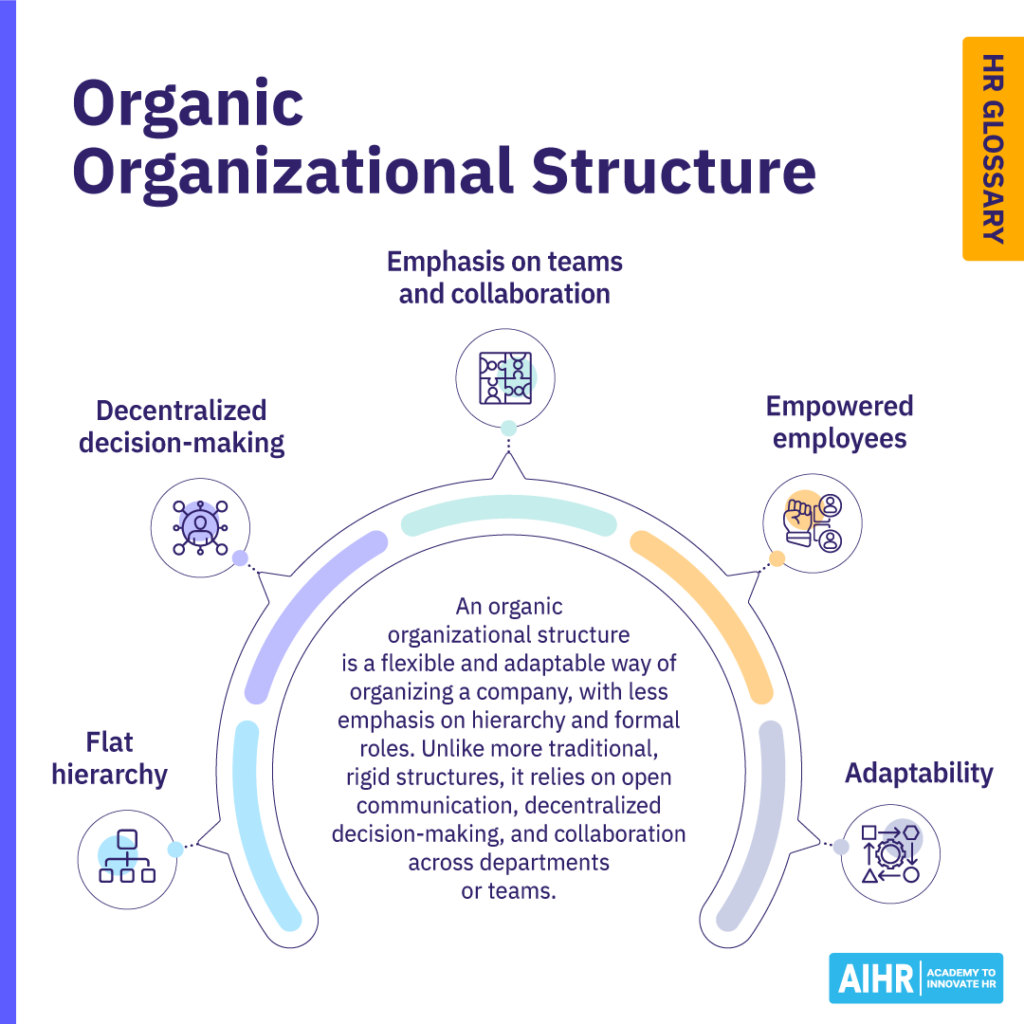 A definition of the term "organic organizational structure' plus its key characteristics.