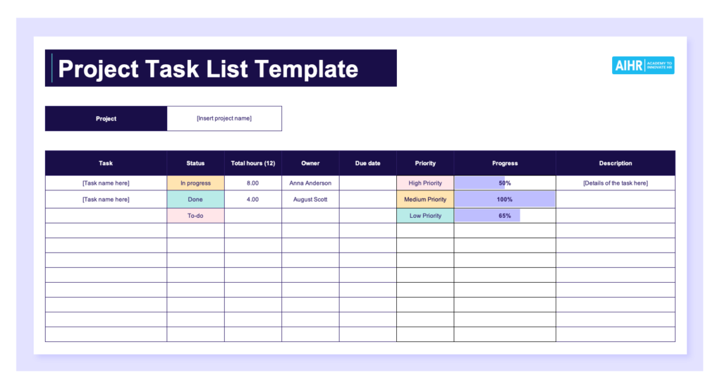 A preview of a project task list template in Excel.