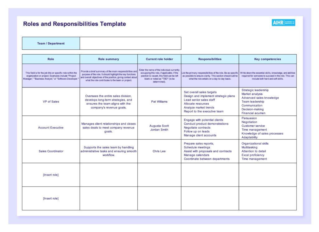 Roles and responsibilities template preview in Excel.