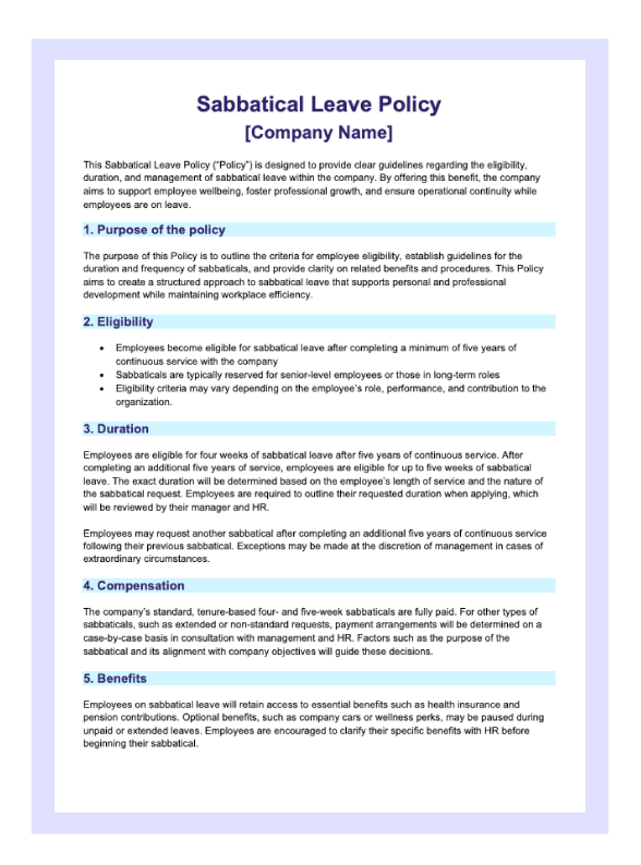 A preview of a sabbatical leave policy template.