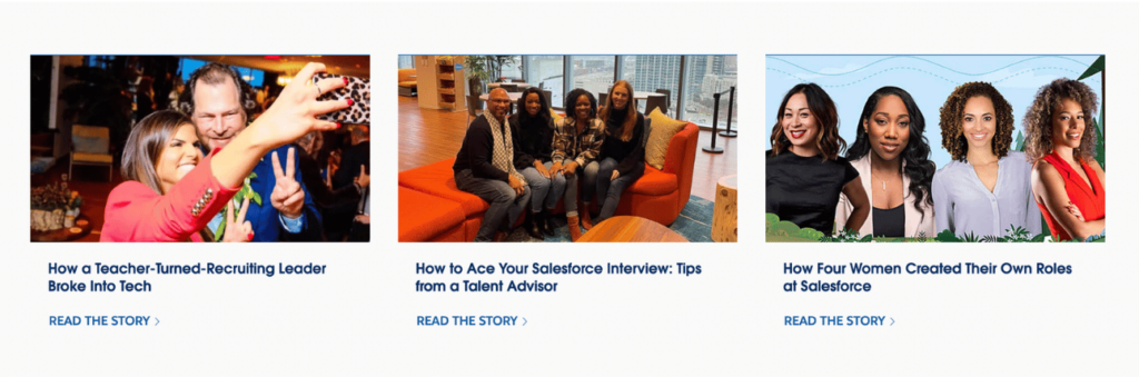 Salesforce showcases employee success stories on their career page.