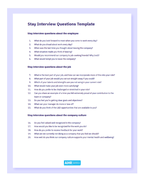 A preview of the stay interview questions template in PDF.