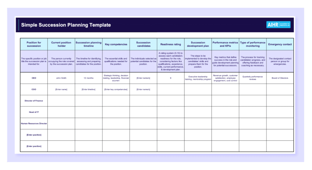 A preview of a foundational succession planning template in Excel.