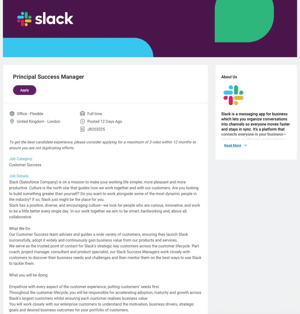 Slack Principal Success Manager roles and responsibilities example