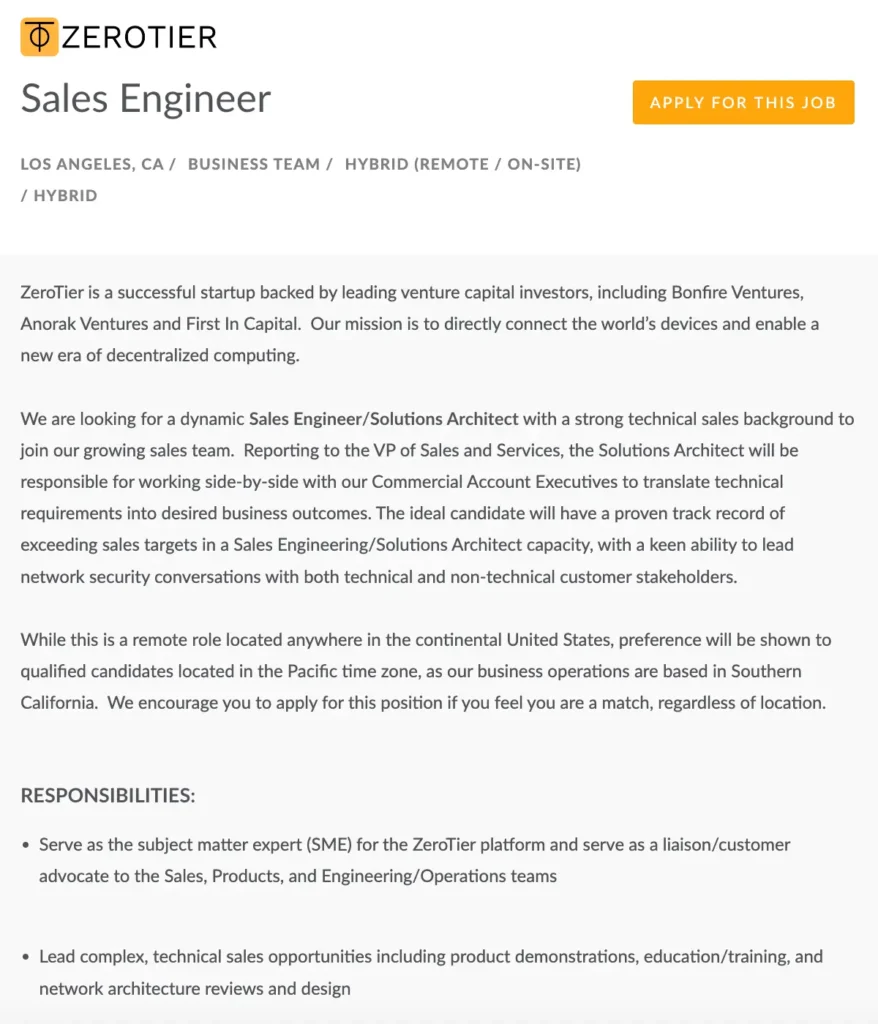 Zerotier Sales Engineer Roles and Responsibiliites Example